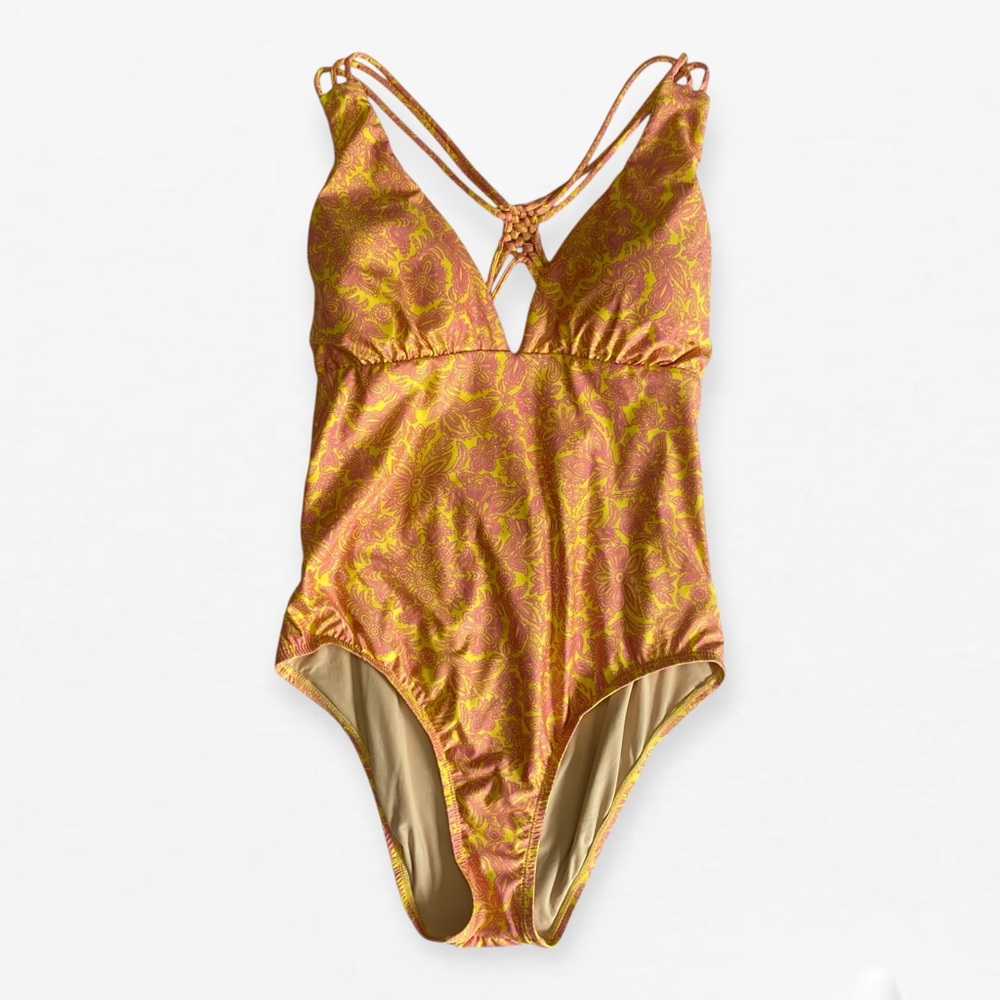 Allihop Yellow Pink paisley One Piece swimsuit V-Neckline and back accent XL